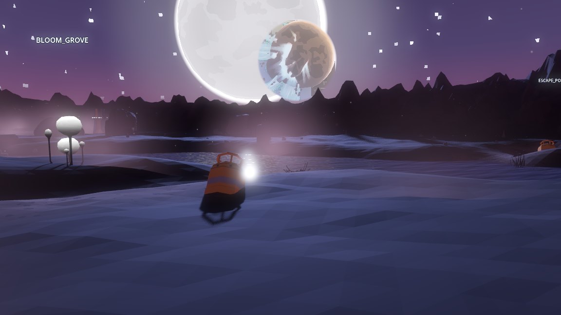 Pre-alpha world: the crash site at dusk under two moons